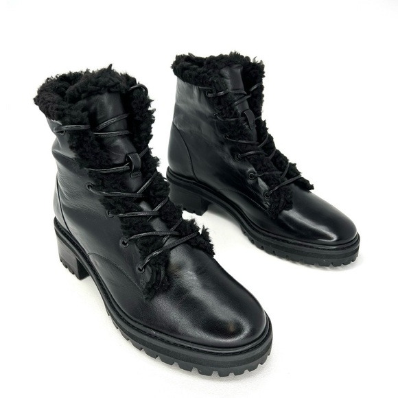 Schutz Stephan Boots Size 8.5 Black Leather Ankle Booties Faux Shearling  New - Picture 8 of 8